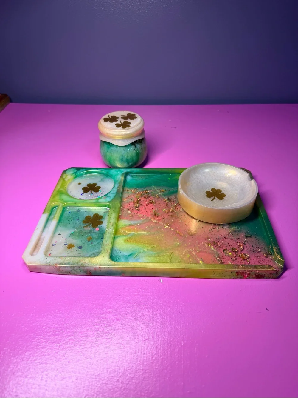 Handmade Green & Gold Resin Tray Set with Clover Inlay